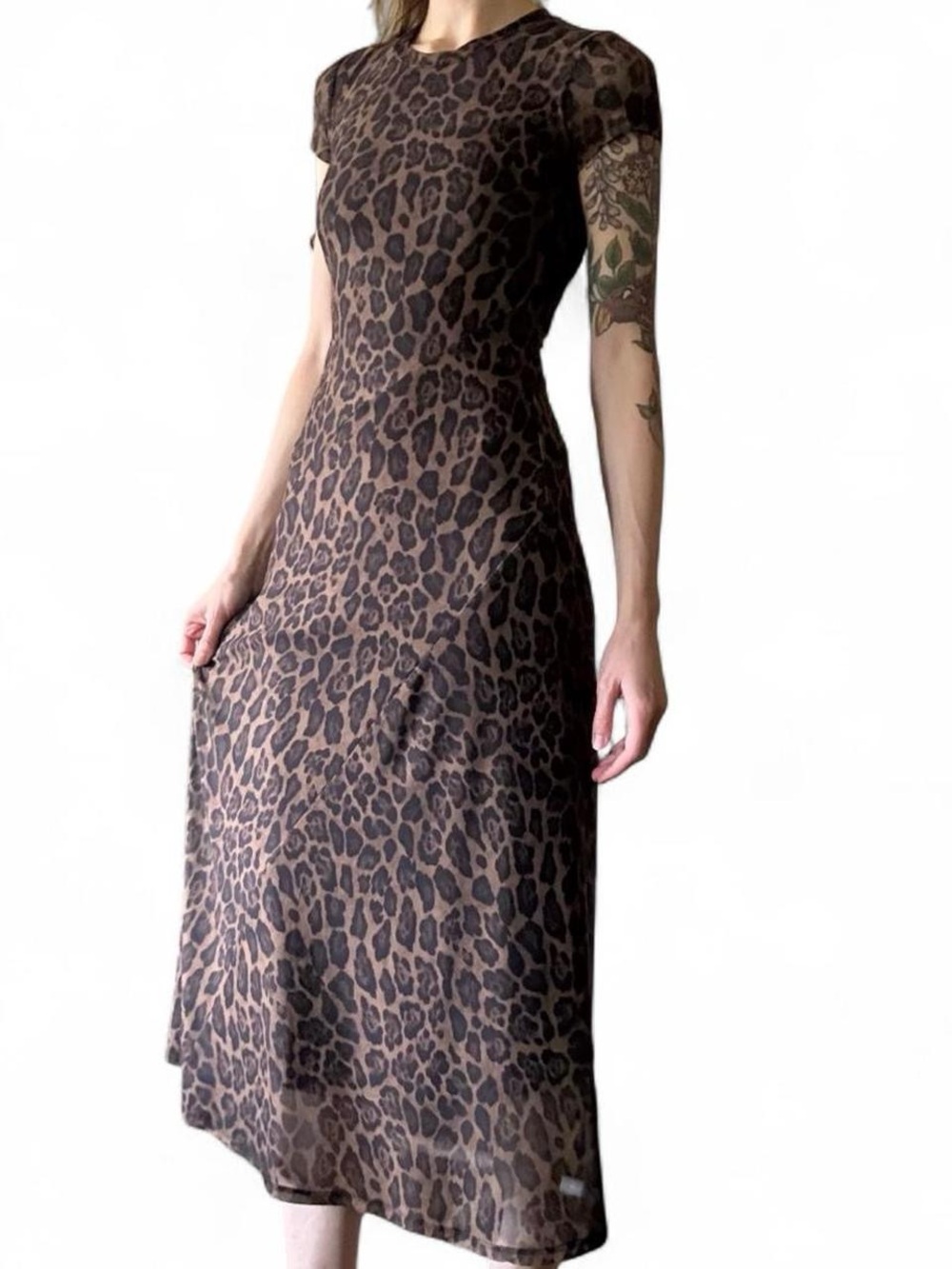 Rachel Zoe Leopard Print Midi Dress in Brown and Black XS Mesh Elegant Going Out